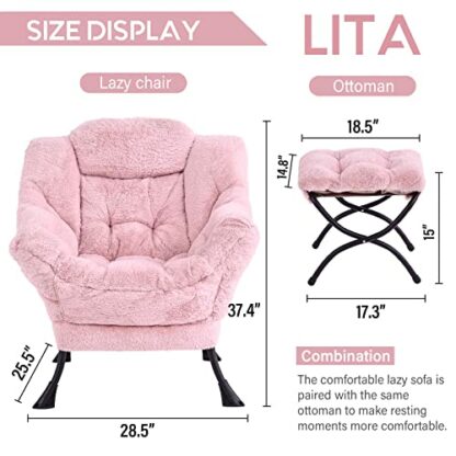 LITA Lazy Chair with Ottoman, Modern Lounge Accent Chair with Armrests and a Side Pocket, Leisure Upholstered Sofa Chair Set, Reading Chair with Footrest for Small Space, Corner Chair,Plush Pink 4 LITA Lazy Chair with Ottoman, Modern Lounge Accent Chair with Armrests and a Side Pocket, Leisure Upholstered Sofa Chair Set, Reading Chair with Footrest for Small Space, Corner Chair,Plush Pink - Image 4