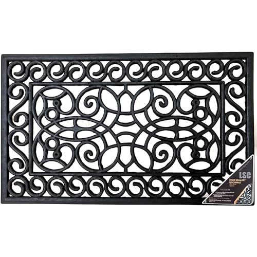 LSC Rubber Door Mat Outdoor Heavy Duty Large Door Mat Non Slip Dirt Scraper Outdoor Mats for Front Door Black Welcome Decorative Wrought Iron Effect Drainage Doormats Outside 45 X 75 cm