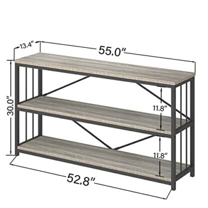 LVB Farmhouse Industrial Console Table, Wood Metal Foyer Entryway Sofa Table with Storage, 3 Tier Long Rustic Entry Table TV Stand with Shelves for Home Living Room Hallway, Light Grey Oak, 55 Inch - Image 3