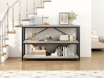 LVB Farmhouse Industrial Console Table, Wood Metal Foyer Entryway Sofa Table with Storage, 3 Tier Long Rustic Entry Table TV Stand with Shelves for Home Living Room Hallway, Light Grey Oak, 55 Inch - Image 4