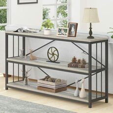 LVB Farmhouse Industrial Console Table, Wood Metal Foyer Entryway Sofa Table with Storage, 3 Tier Long Rustic Entry Table TV Stand with Shelves for Home Living Room Hallway, Light Grey Oak, 55 Inch