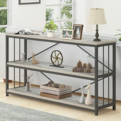 LVB Farmhouse Industrial Console Table, Wood Metal Foyer Entryway Sofa Table with Storage, 3 Tier Long Rustic Entry Table TV Stand with Shelves for Home Living Room Hallway, Light Grey Oak, 55 Inch - Image 2