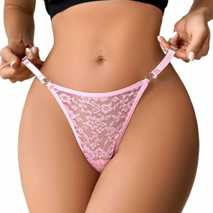 LYNTYAOU Women Sexy T Back Light Pink Lace Panties for Women, Floral Lace Knicker Women's G-strings Low Rise Hollow Out See Through Soft Stretchy Hipster, Gift for Women - Image 2