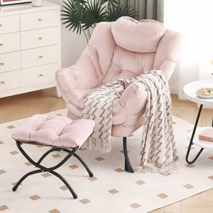 Lazy Chair with Ottoman, Modern Chair with Folding Footrest, Lounge Accent Chair, Comfortable Reading Chair, Oversized Armchairs for Bedroom, Study, Living Room, Courtyard (Pink) 2 Lazy Chair with Ottoman, Modern Chair with Folding Footrest, Lounge Accent Chair, Comfortable Reading Chair, Oversized Armchairs for Bedroom, Study, Living Room, Courtyard (Pink) - Image 2