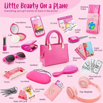 Little Girl Purse with Pretend Makeup for Toddlers, 49PCS Kids Play Purse Set - Princess Toy Accessories, Pretend Play Headset Wallet Phones Sunglasses Keys Credit Cards Birthday Gift for Girls Age 3+ 3 Little Girl Purse with Pretend Makeup for Toddlers, 49PCS Kids Play Purse Set - Princess Toy Accessories, Pretend Play Headset Wallet Phones Sunglasses Keys Credit Cards Birthday Gift for Girls Age 3+ - Image 3