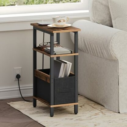 MAHANCRIS Narrow Side Table with Charging Station, 3 Tier Small End Table for Small Spaces, Slim Side Table with Storage, Thin Bedside Table for Living Room, Bedroom, Rustic Brown AETHR125KE01 3 MAHANCRIS Narrow Side Table with Charging Station, 3 Tier Small End Table for Small Spaces, Slim Side Table with Storage, Thin Bedside Table for Living Room, Bedroom, Rustic Brown AETHR125KE01 - Image 3