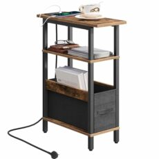 MAHANCRIS Narrow Side Table with Charging Station, 3 Tier Small End Table for Small Spaces, Slim Side Table with Storage, Thin Bedside Table for Living Room, Bedroom, Rustic Brown AETHR125KE01