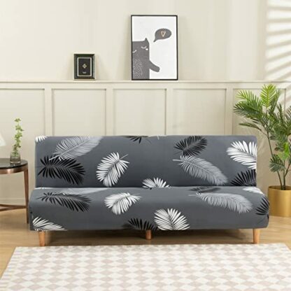 MIFXIN Armless Sofa Cover Futon Slipcover Stretch Elastic Folding Sofa Bed Non-Armrest Couch Furniture Protector Spandex Printed Washable Sofa Cover Without Armrests (Grey Feather) - Image 3