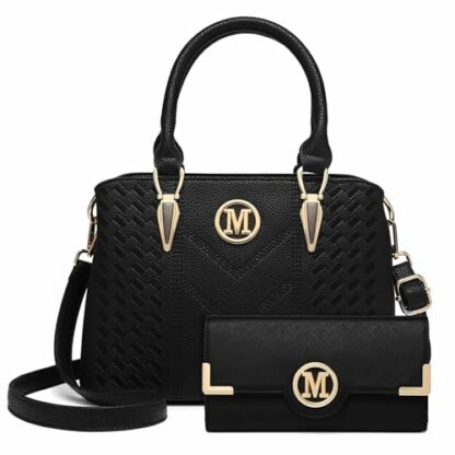 Miss Lulu Top-Handle Bag and Wallet Set, Woven and Chevron Pattern Handbag Shoulder Bag with Matching PU Leather Wallet Both with M Logo 2 Miss Lulu Top-Handle Bag and Wallet Set, Woven and Chevron Pattern Handbag Shoulder Bag with Matching PU Leather Wallet Both with M Logo - Image 2
