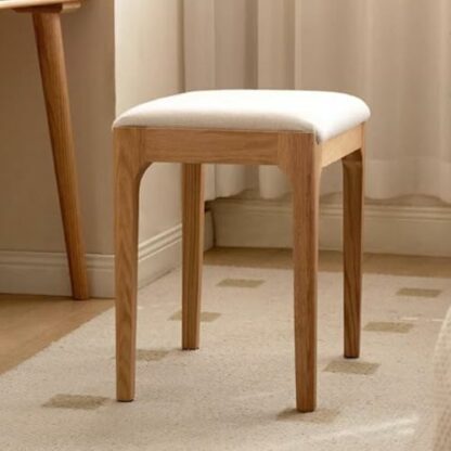Modern Rectangle Wooden Stool with Upholstered Cotton and Linen Seat Small Oak Wood Makeup Vanity Stool with Padded Cushion Ideal for Bedroom or Living Room Beige Color - Image 3
