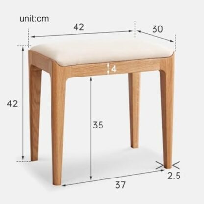 Modern Rectangle Wooden Stool with Upholstered Cotton and Linen Seat Small Oak Wood Makeup Vanity Stool with Padded Cushion Ideal for Bedroom or Living Room Beige Color - Image 4