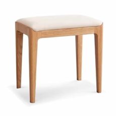 Modern Rectangle Wooden Stool with Upholstered Cotton and Linen Seat Small Oak Wood Makeup Vanity Stool with Padded Cushion Ideal for Bedroom or Living Room Beige Color