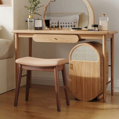 Modern Upholstered Ottoman Stool with Padded Seat Wooden Rectangle Vanity Stool for Bedroom and Living Room Rubber Wood Legs Brown Color Comfortable Dining Chair - Image 3