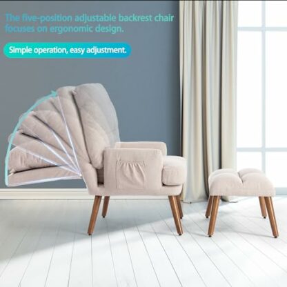 ModernLuxe Soft Armchair with Footstool, Comfortable Accent Chair with Side Pockets, 5-Stage Adjustable Backrest, Tiltable, Highly Elastic Foam Padding, Relaxing Reading Chair for Living Room - Image 4