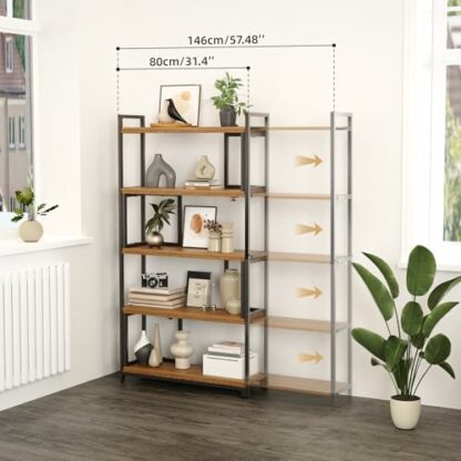 Mondeer Bookcase, Corner Bookshelf 5 Tiers, Width Adjustable from 80 to 146cm, Industrial Style, for Living Room Home Office Study Bedroom Kitchen Balcony, Rustic Brown - Image 4