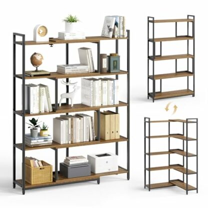 Mondeer Bookcase, Corner Bookshelf 5 Tiers, Width Adjustable from 80 to 146cm, Industrial Style, for Living Room Home Office Study Bedroom Kitchen Balcony, Rustic Brown - Image 2