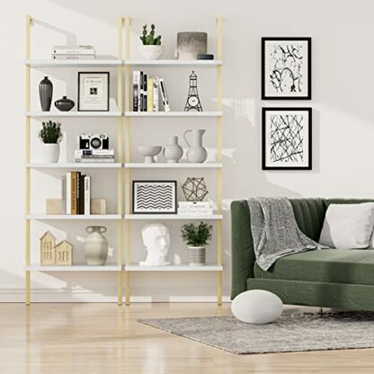 NUMENN 5 Tier Book Shelf, Industrial Ladder Shelf, Open Space Wall Mount Bookshelf with Metal Frame, Sturdy Book Shelves, Bookcase for Living Room, Home Office Shelf, White and Gold - Image 3