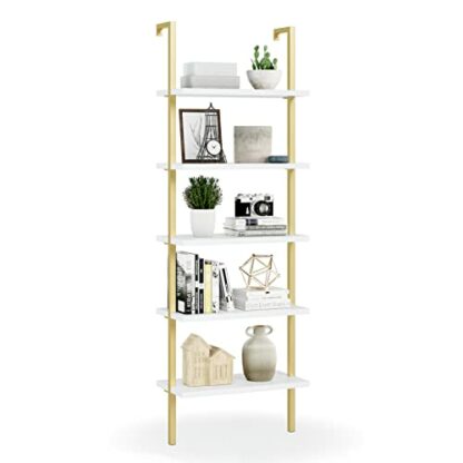 NUMENN 5 Tier Book Shelf, Industrial Ladder Shelf, Open Space Wall Mount Bookshelf with Metal Frame, Sturdy Book Shelves, Bookcase for Living Room, Home Office Shelf, White and Gold - Image 2