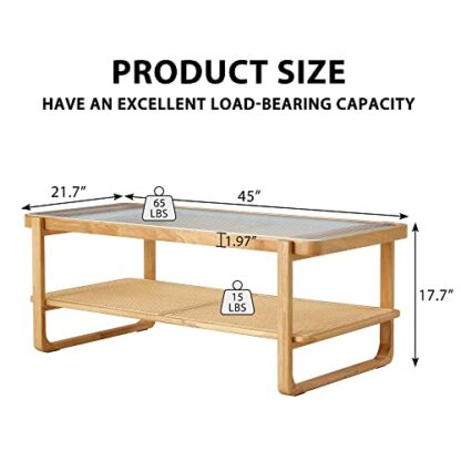 NYEESS Rattan Coffee Table with Tempered Glass Top,Wood Coffee Table for Living Room,Glass Top Coffee Table with Imitation Rattan Storage Shelf, Rectangle Coffee Table for Living Room - Image 3