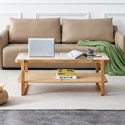 NYEESS Rattan Coffee Table with Tempered Glass Top,Wood Coffee Table for Living Room,Glass Top Coffee Table with Imitation Rattan Storage Shelf, Rectangle Coffee Table for Living Room - Image 4
