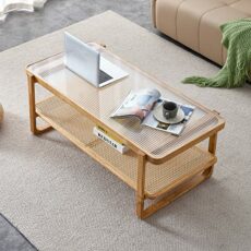NYEESS Rattan Coffee Table with Tempered Glass Top,Wood Coffee Table for Living Room,Glass Top Coffee Table with Imitation Rattan Storage Shelf, Rectangle Coffee Table for Living Room
