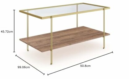 Nathan James Asher Mid-Century Rectangle Coffee Table, Glass Top and Rustic Floating Shelf for Storage with Sleek Brass Metal Legs to Accent Any Modern Industrial Living Room, Gold/Oak - Image 3
