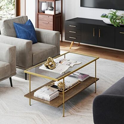 Nathan James Asher Mid-Century Rectangle Coffee Table, Glass Top and Rustic Floating Shelf for Storage with Sleek Brass Metal Legs to Accent Any Modern Industrial Living Room, Gold/Oak - Image 4