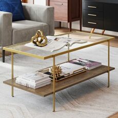 Nathan James Asher Mid-Century Rectangle Coffee Table, Glass Top and Rustic Floating Shelf for Storage with Sleek Brass Metal Legs to Accent Any Modern Industrial Living Room, Gold/Oak
