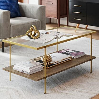 Nathan James Asher Mid-Century Rectangle Coffee Table, Glass Top and Rustic Floating Shelf for Storage with Sleek Brass Metal Legs to Accent Any Modern Industrial Living Room, Gold/Oak - Image 2