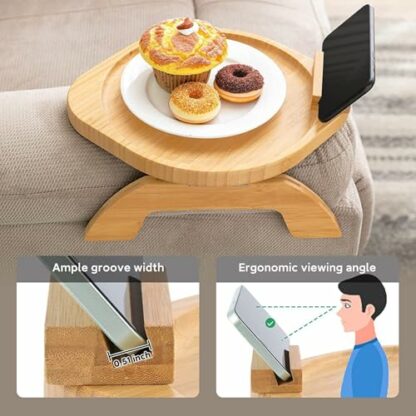 Natural Wood Sofa Side Table Tray, Sofa Arm Tray Table with 360° Rotating Mobile Holder, Foldable Sofa Armrest Clip On Tray Couch Arm Rest Organizer for Remote Phone/Drinks/Food/Snack Holder 3 Natural Wood Sofa Side Table Tray, Sofa Arm Tray Table with 360° Rotating Mobile Holder, Foldable Sofa Armrest Clip On Tray Couch Arm Rest Organizer for Remote Phone/Drinks/Food/Snack Holder - Image 3