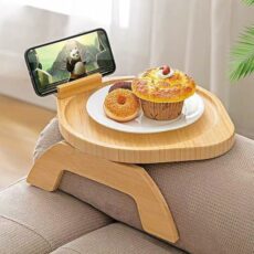 Natural Wood Sofa Side Table Tray, Sofa Arm Tray Table with 360° Rotating Mobile Holder, Foldable Sofa Armrest Clip On Tray Couch Arm Rest Organizer for Remote Phone/Drinks/Food/Snack Holder
