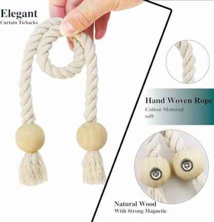 Nieffeiy 2 Pack Magnetic Curtain Tiebacks Cotton Hand Woven Tie Back Decorative Rope Holdbacks for Curtains Draperies No Tools Required, Beige - Image 3