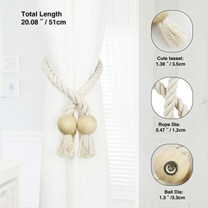 Nieffeiy 2 Pack Magnetic Curtain Tiebacks Cotton Hand Woven Tie Back Decorative Rope Holdbacks for Curtains Draperies No Tools Required, Beige - Image 4