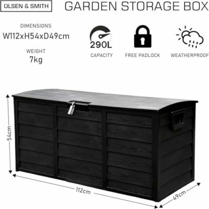 Olsen & Smith 290L Capacity Outdoor Garden Plastic Storage Cushion Box Furniture - Lockable with Padlock Lock, Weather Resistant, Shed Chest - Image 3