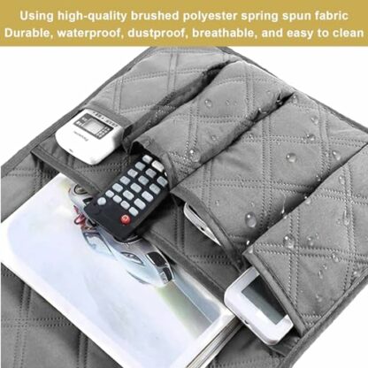 Omevett Sofa Remote Control Holder Armchair Caddy Non-Slip Bedside Sofa Caddy Hanging Soft Armrest Organiser Grey Arm Chair Tidy Organisers with 5 Pockets for Tablet Cellphone Magazines Book Glasses - Image 4
