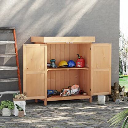Outsunny Wooden Garden Storage Shed with Hinged Roof and Shelves, Outdoor Storage Cabinet Chest, Double Doors, 74 x 43 x 88cm - Image 3