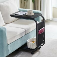 Pantanal C Shaped Side Table, Under Sofa Table for Living Room, Space Saving End Table with Storage Basket & Wheels, Mobile Laptop Desk Snack Table for Home Office, Rolling Bedside Table for Bedroom