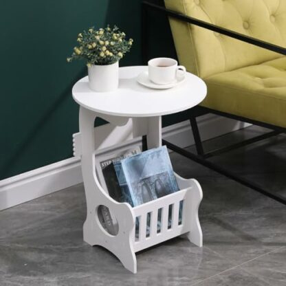 Pantanal White Living Room Small Sofa Side Table Round Little Coffee Tables End Table with Storage Shelf Basket, Kids Bedroom Wood Bedside Table Nightstand for Corner Small Space Balcony - Image 4