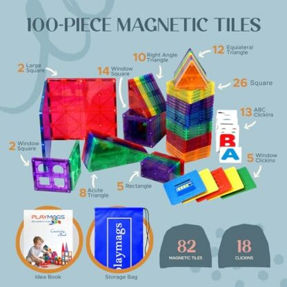 Playmags 100 3D Magnetic Blocks Set For Kids - Learn Shapes, Colors, & Alphabets - STEM Strong Magnet Toys - Magnetic Building Blocks - Colorful & Durable Magnetic Tiles & Idea Book - Image 3
