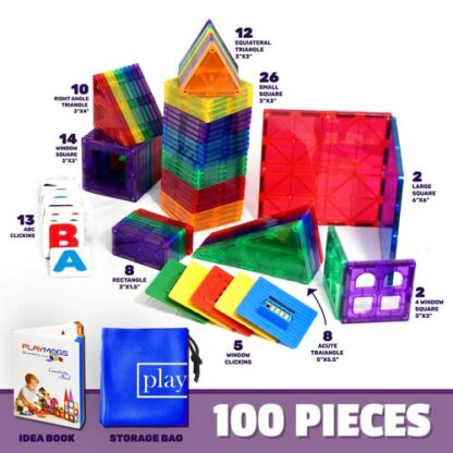 Playmags 100 3D Magnetic Blocks Set For Kids - Learn Shapes, Colors, & Alphabets - STEM Strong Magnet Toys - Magnetic Building Blocks - Colorful & Durable Magnetic Tiles & Idea Book - Image 4