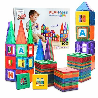 Playmags 100 3D Magnetic Blocks Set For Kids - Learn Shapes, Colors, & Alphabets - STEM Strong Magnet Toys - Magnetic Building Blocks - Colorful & Durable Magnetic Tiles & Idea Book - Image 2