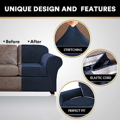 PrinceDeco 4 Pieces Couch Covers Velvet Couch Covers for 3 Cushion Sofa Soft Furniture Protector with Non Slip Elastic Bottom Washable Couch Covers Width Up to 90 Inch (Large, Navy) 3 PrinceDeco 4 Pieces Couch Covers Velvet Couch Covers for 3 Cushion Sofa Soft Furniture Protector with Non Slip Elastic Bottom Washable Couch Covers Width Up to 90 Inch (Large, Navy) - Image 3