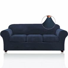 PrinceDeco 4 Pieces Couch Covers Velvet Couch Covers for 3 Cushion Sofa Soft Furniture Protector with Non Slip Elastic Bottom Washable Couch Covers Width Up to 90 Inch (Large, Navy)