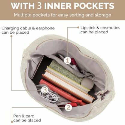 Prite Corduroy Tote Bag for Women with Zipper, Large Capacity Shoulder Bags with Adjustable Strap and Pockets Waterproof Handbag for Work School Shopping Travel College - Image 3