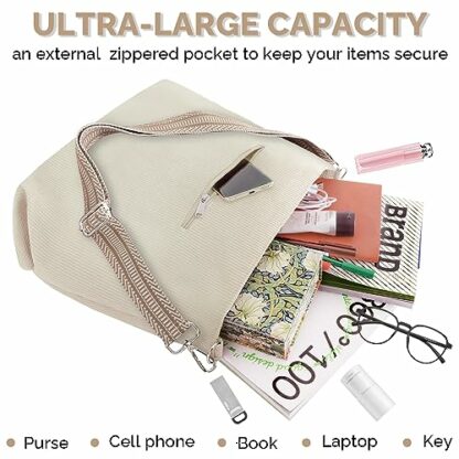 Prite Corduroy Tote Bag for Women with Zipper, Large Capacity Shoulder Bags with Adjustable Strap and Pockets Waterproof Handbag for Work School Shopping Travel College - Image 4