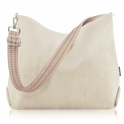 Prite Corduroy Tote Bag for Women with Zipper, Large Capacity Shoulder Bags with Adjustable Strap and Pockets Waterproof Handbag for Work School Shopping Travel College - Image 2