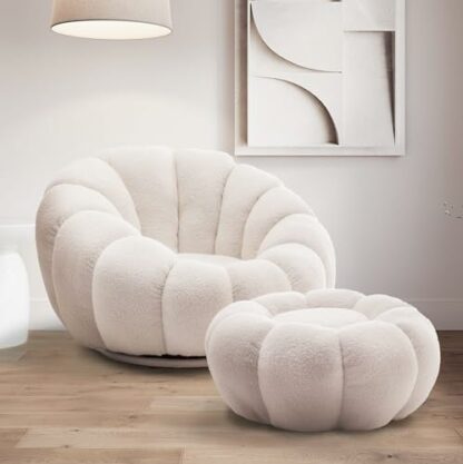 Puff White Boucle Fabric Pumpkin Snuggle Accent Chair with Footstool – Modern Single Round Swivel Chair with Ottoman , Fluffy Cloud Teddy Bubble Sofa , Armchair for Bedroom Living Room Lounge - Image 3