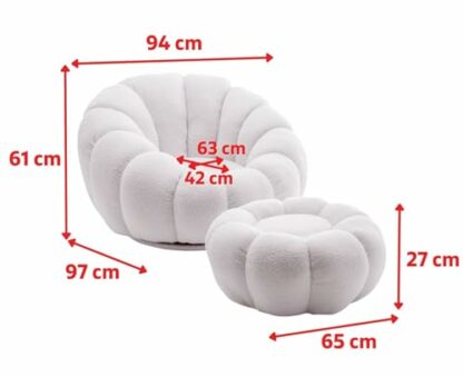 Puff White Boucle Fabric Pumpkin Snuggle Accent Chair with Footstool – Modern Single Round Swivel Chair with Ottoman , Fluffy Cloud Teddy Bubble Sofa , Armchair for Bedroom Living Room Lounge - Image 4