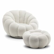 Puff White Boucle Fabric Pumpkin Snuggle Accent Chair with Footstool – Modern Single Round Swivel Chair with Ottoman , Fluffy Cloud Teddy Bubble Sofa , Armchair for Bedroom Living Room Lounge
