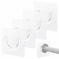 Qianyu 4 Pcs No Drill Shower Rod Brackets Plastic Self Adhesive Clear Curtain Rod Holders Hooks Nail Free Adjustable Curtain Hangers Transparent Wall Mount Holder for Shower Curtain Rod Invisible